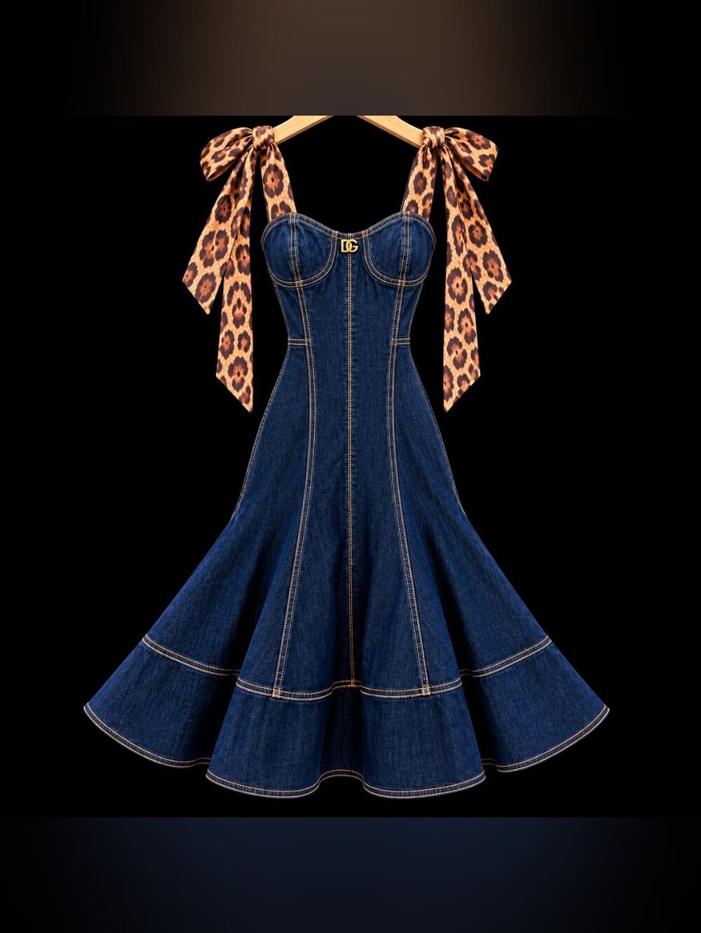 Dolce & Gabbana Dark Blue Denim Mermaid Dress with Leopard Straps